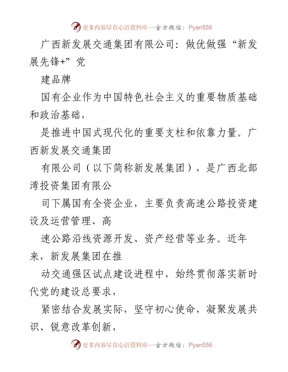 [发言] 国有企业党建工作会议 - 广西新发展交通集团“新发展先锋+”党建品牌建设探索.docx_第1页