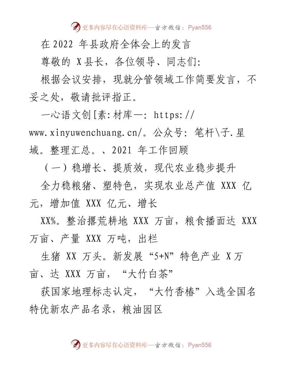 [发言] 县政府全体会 - 2021年工作总结与乡村振兴成效报告.docx_第1页