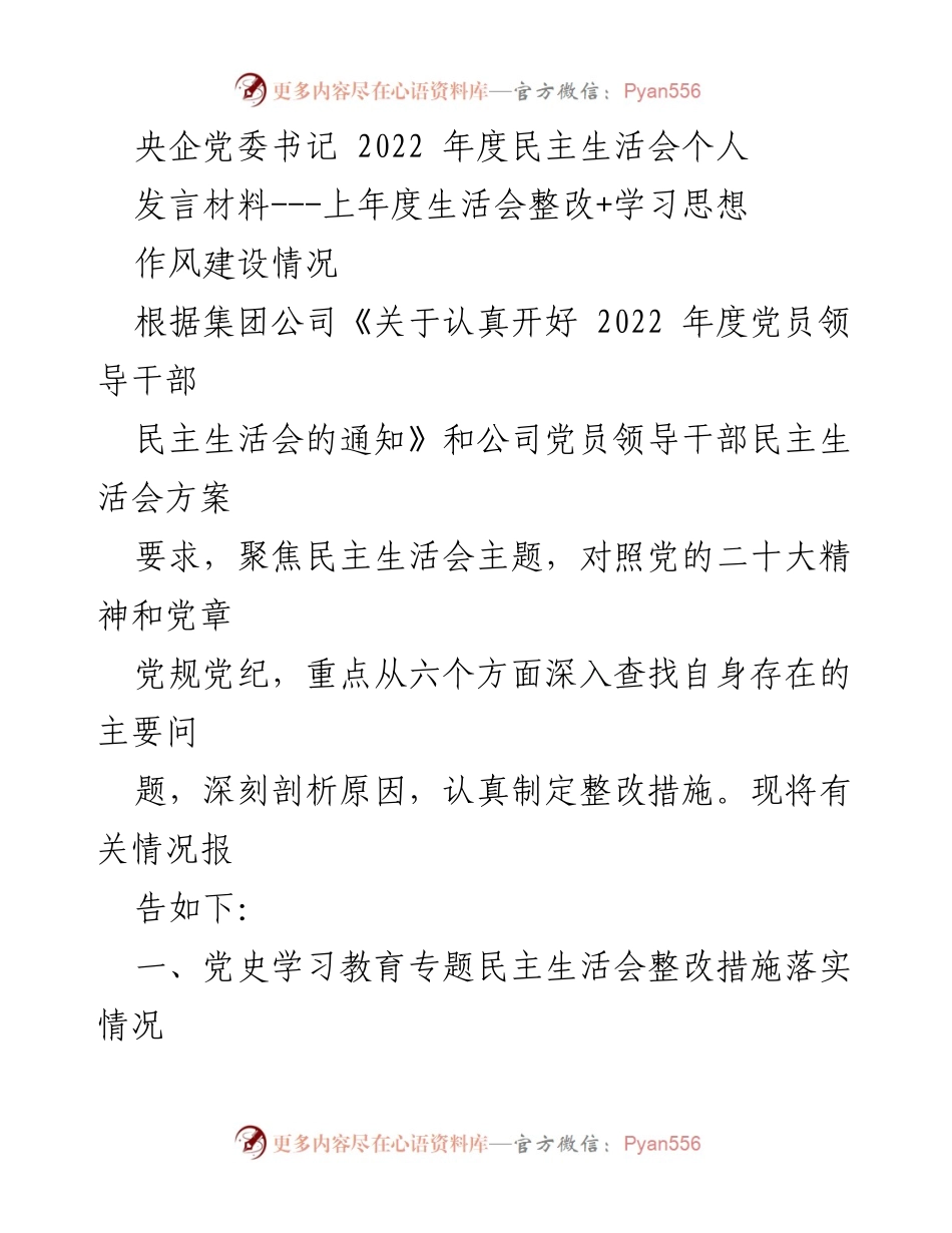 [发言] 央企党委书记年度民主生活会 - 深入查摆问题，落实整改措施，推动作风建设.docx_第1页