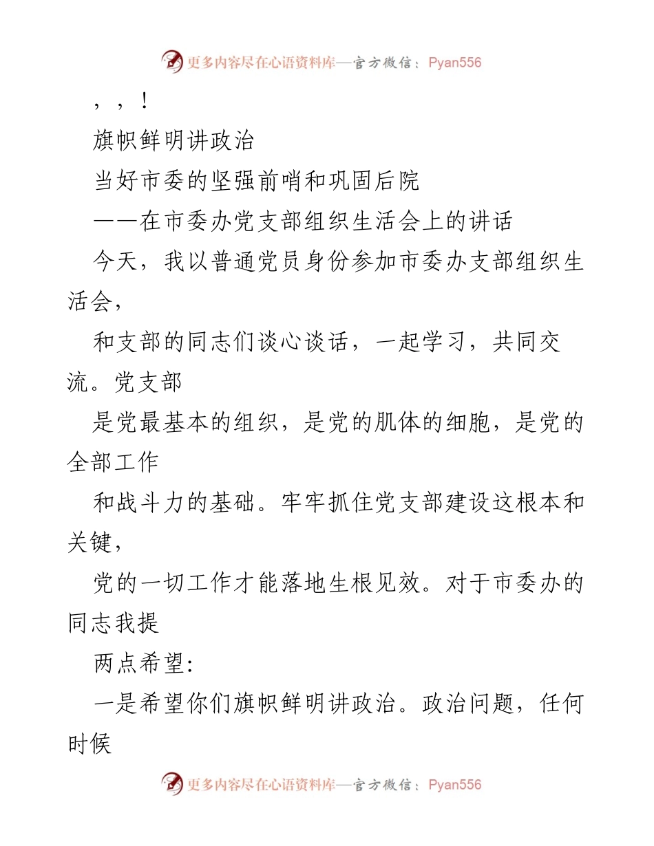 [发言] 在市委办党支部组织生活会上的讲话：旗帜鲜明讲政治.docx_第1页