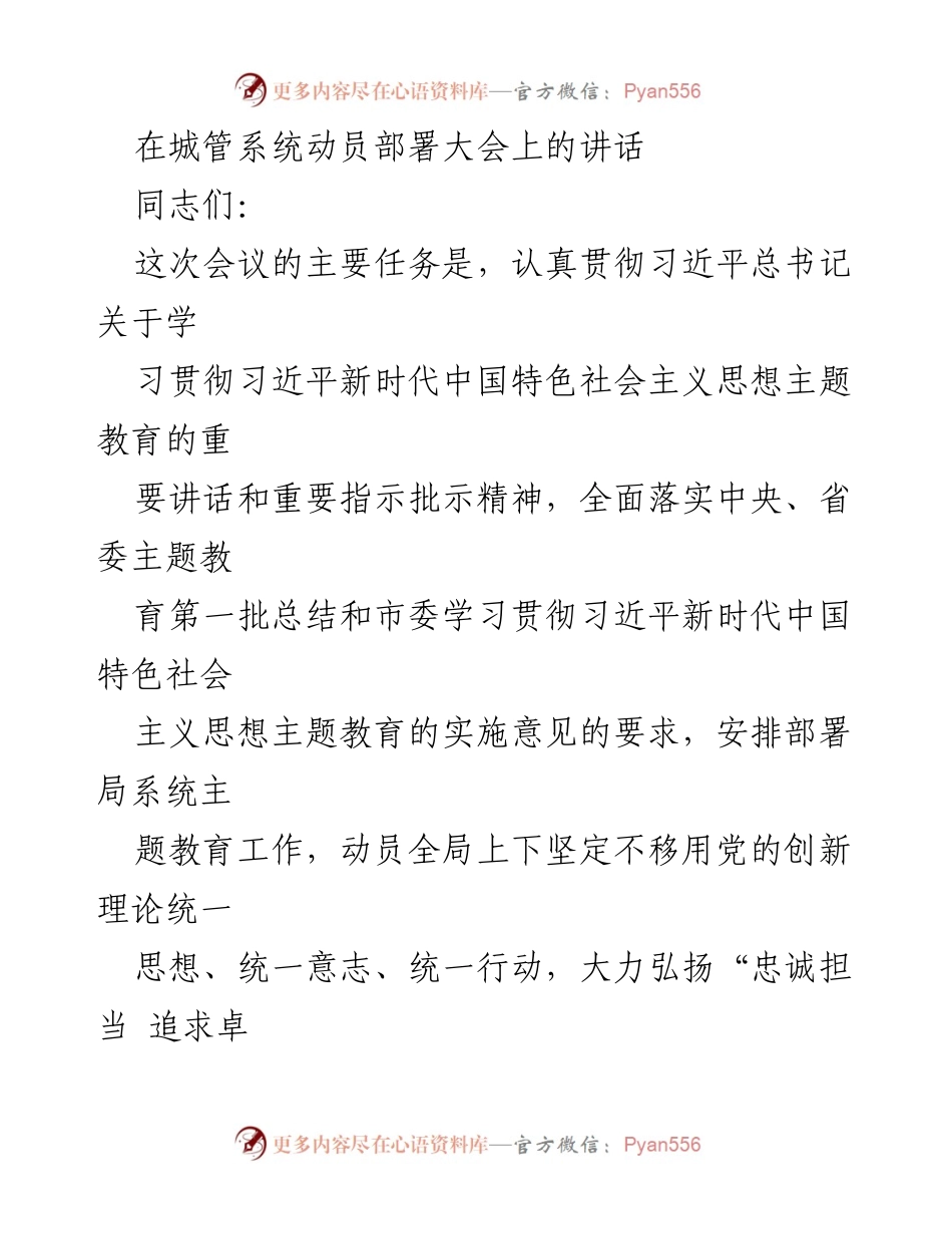 [发言] 城管系统动员部署大会 - 深入开展主题教育，助力城市高质量建设.docx_第1页