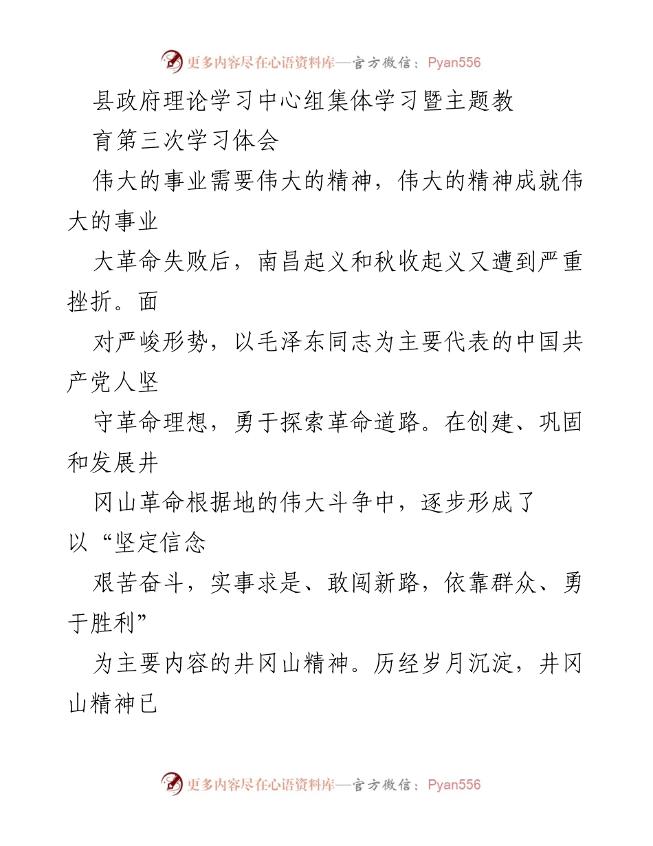 [发言] 县政府理论学习中心组集体学习 - 弘扬井冈山精神，坚守理想信念，维护社会安全.docx_第1页