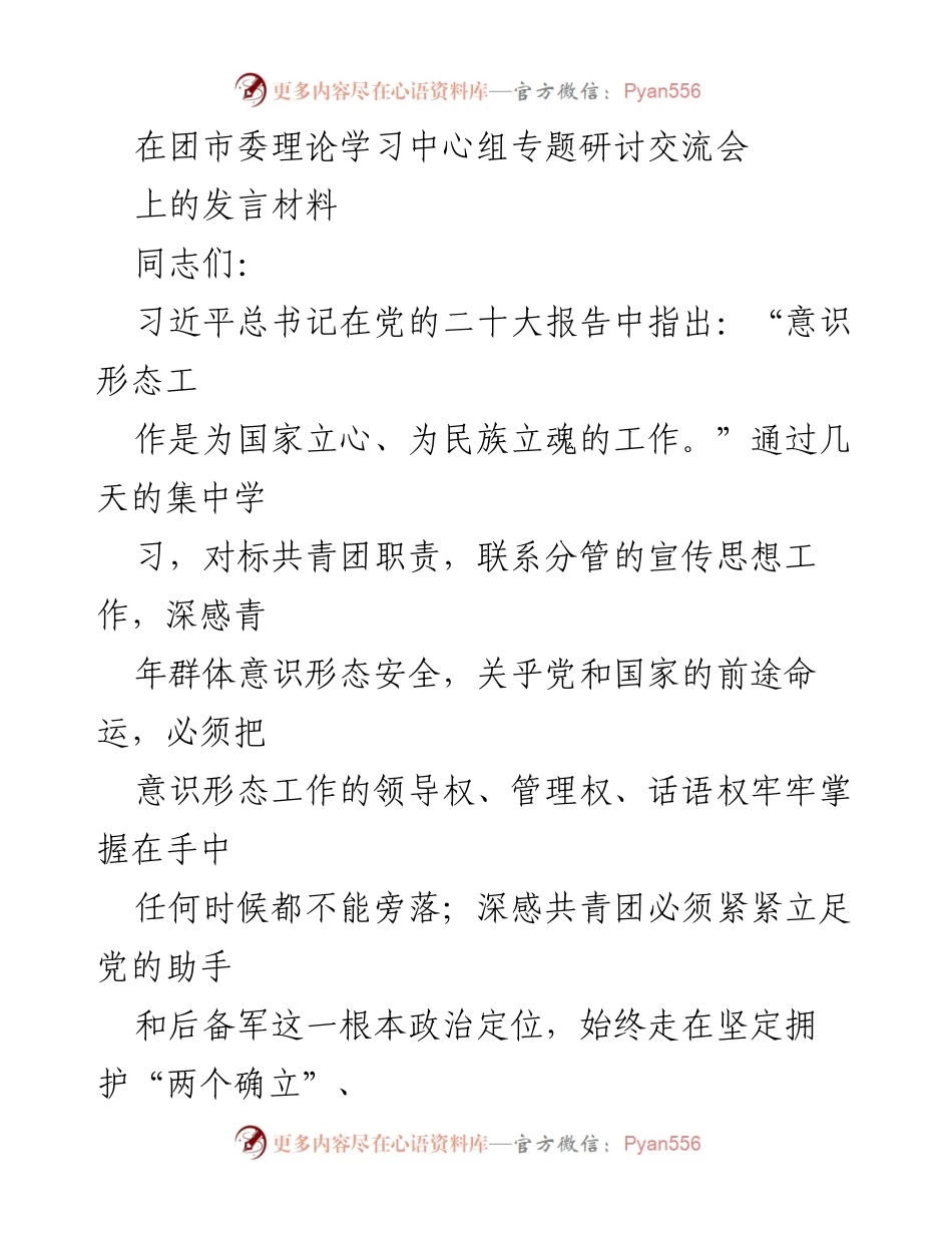 [发言] 团市委理论学习中心组专题研讨交流会 - 加强青年意识形态工作，坚定信仰与认同.docx_第1页