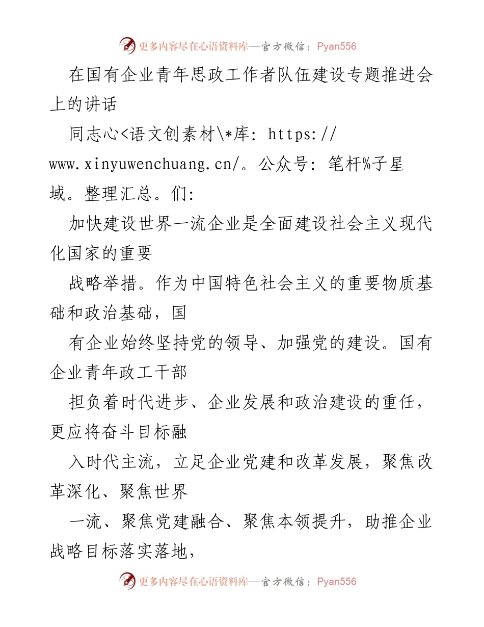 [发言] 国有企业青年思政工作者队伍建设专题推进会 - 加快建设世界一流企业，青年政工干部的使命与责任.docx_第1页