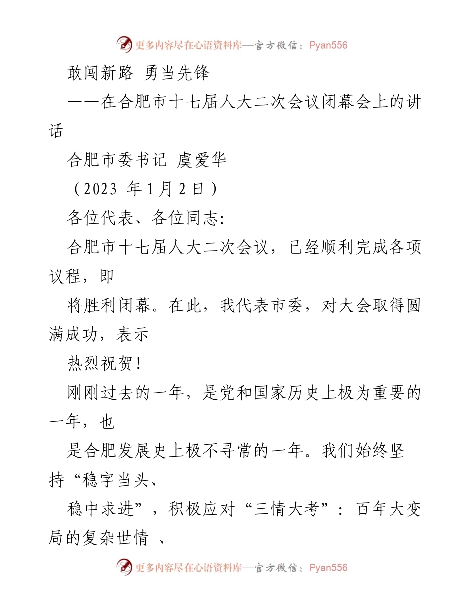 [发言] 合肥市十七届人大二次会议闭幕会 - 敢闯新路，勇当先锋：合肥发展的新征程.docx_第1页