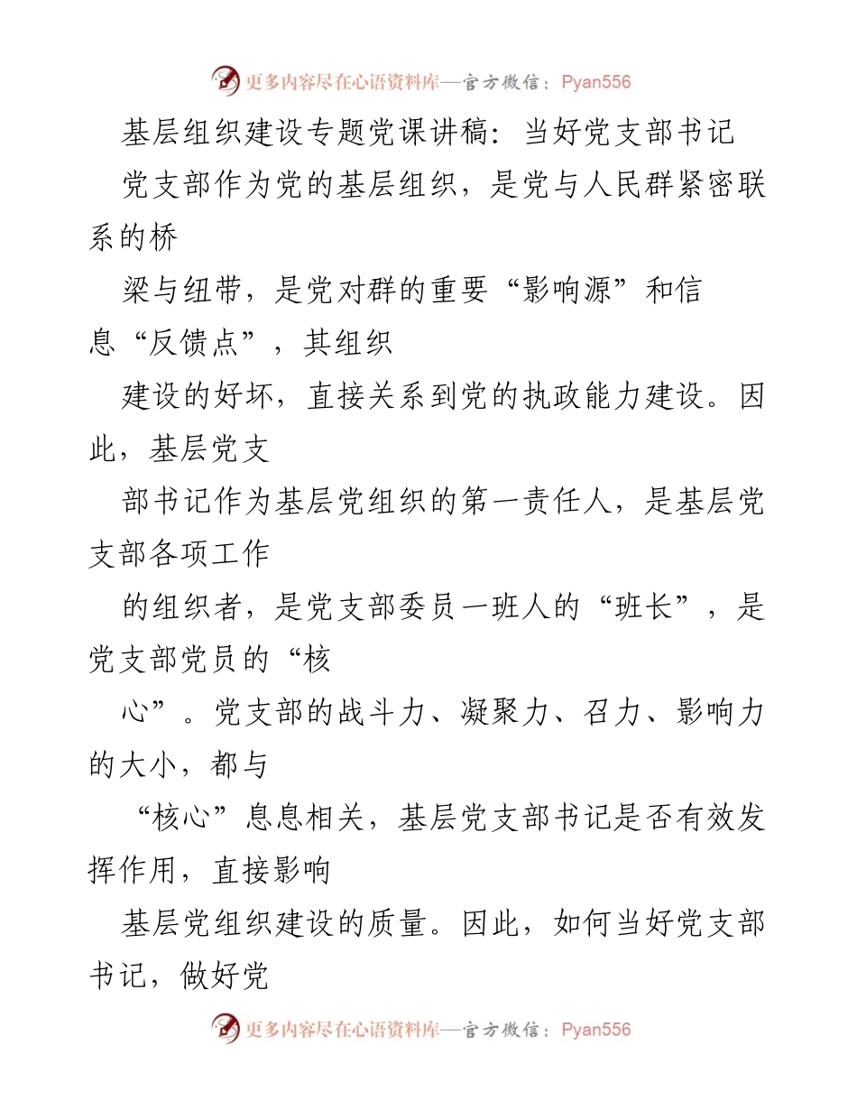 [发言] 基层组织建设专题党课 - 如何当好党支部书记：提升基层组织建设能力.docx_第1页