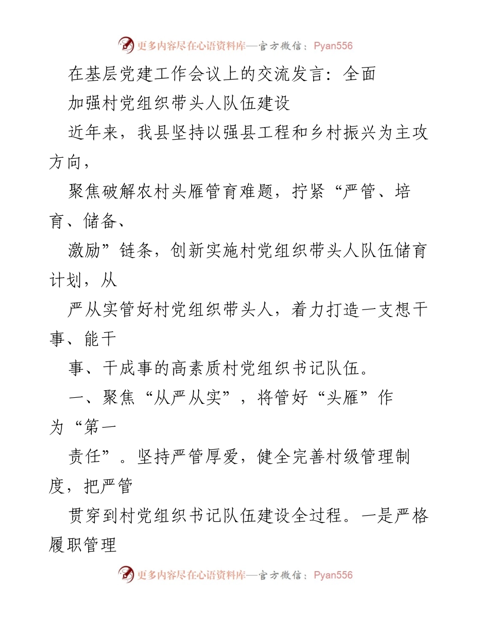 [发言] 基层党建工作会议 - 加强村党组织带头人队伍建设的实践与探索.docx_第1页