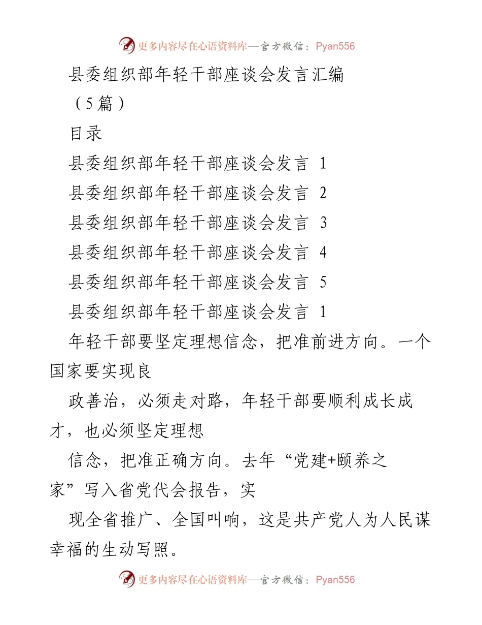 [发言] 县委组织部年轻干部座谈会 - 年轻干部成长与担当的座谈发言汇编.docx_第1页