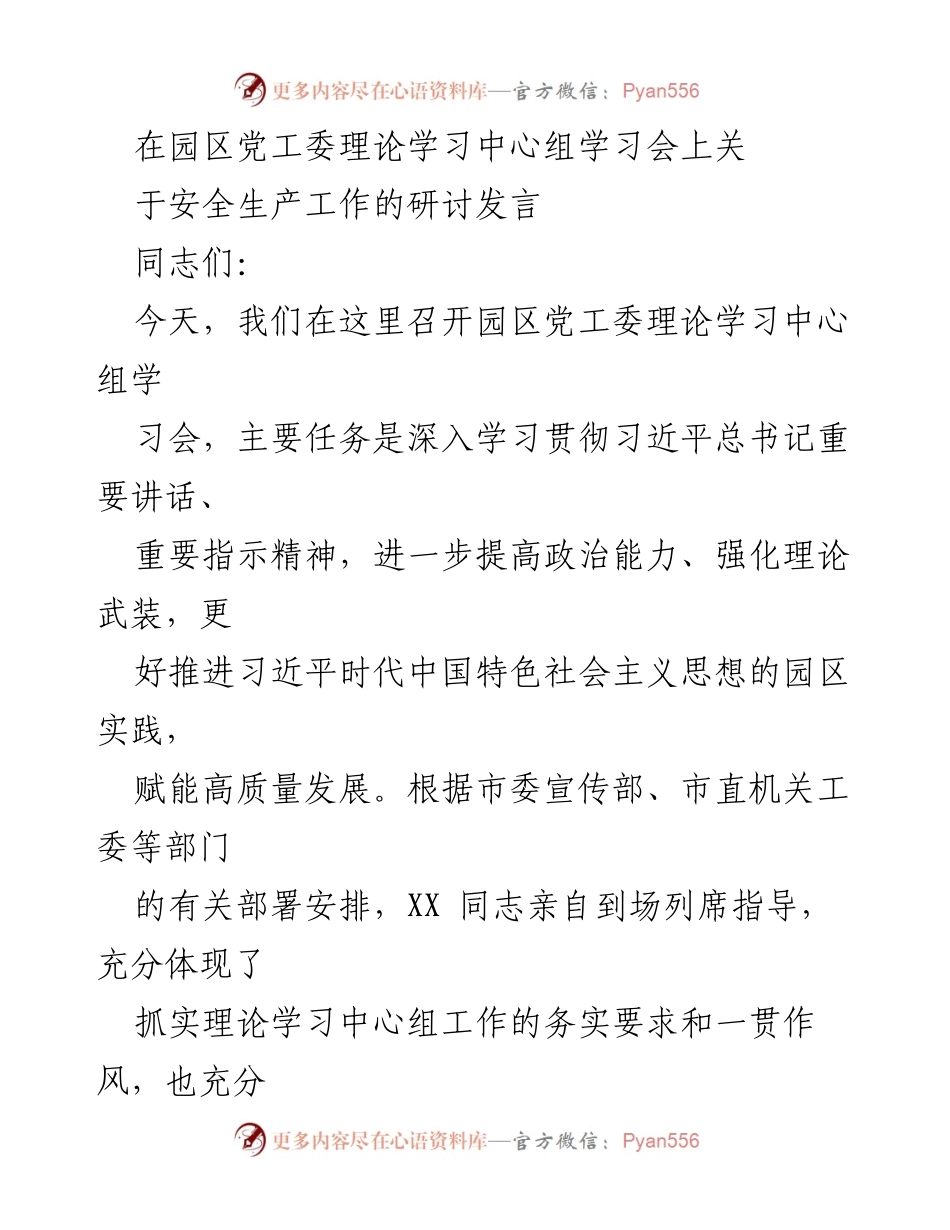 [发言] 园区党工委理论学习中心组学习会 - 安全生产工作的重要性与实践落实.docx_第1页