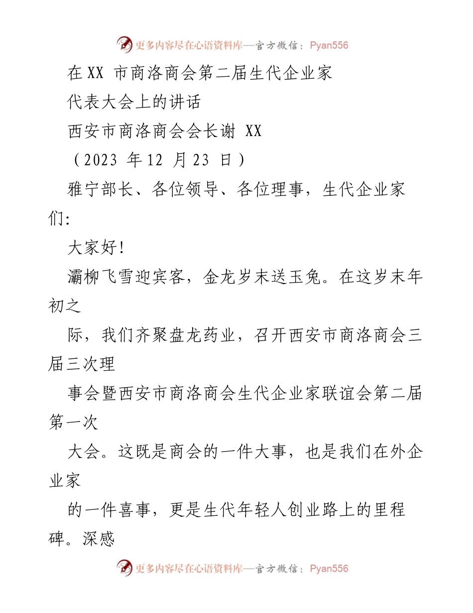 [发言] 商会大会 - 生代企业家的责任与机遇：高举旗帜，践行绿色发展.docx_第1页