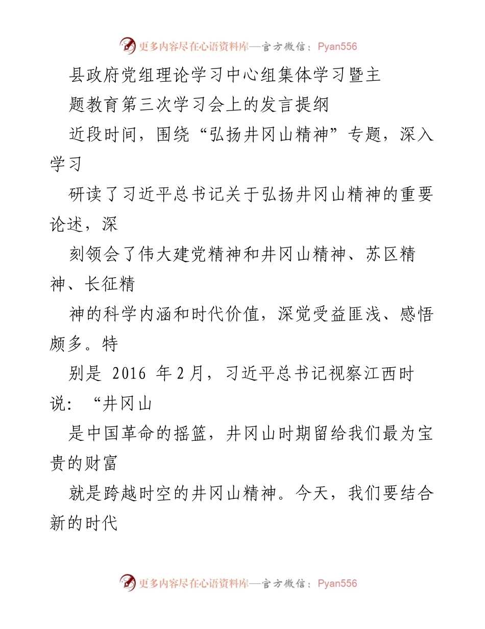 [发言] 县政府党组学习会 - 弘扬井冈山精神，坚定理想信念.docx_第1页