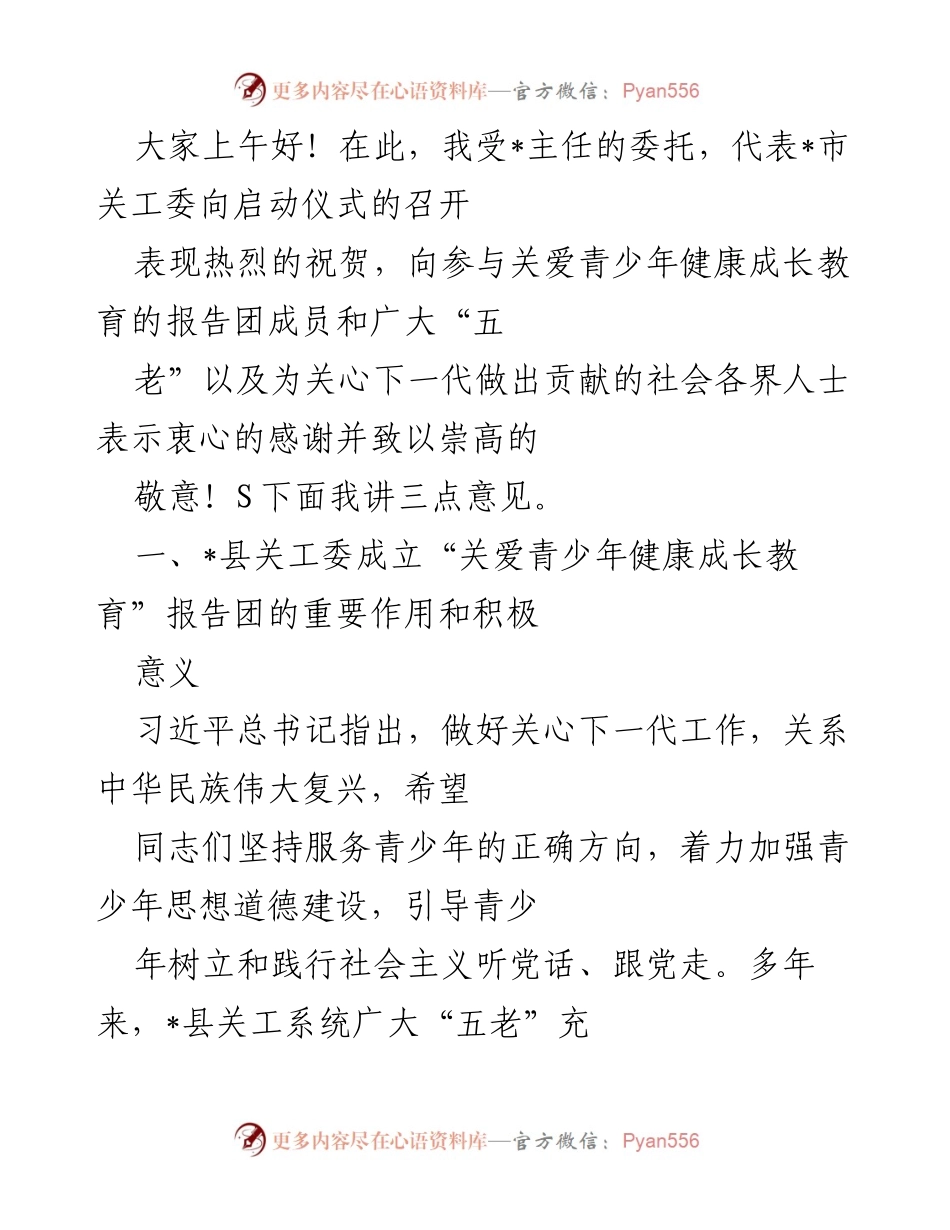 [发言] 启动仪式 - 关爱青少年健康成长教育报告团成立的重要意义与宣讲方向.docx_第1页