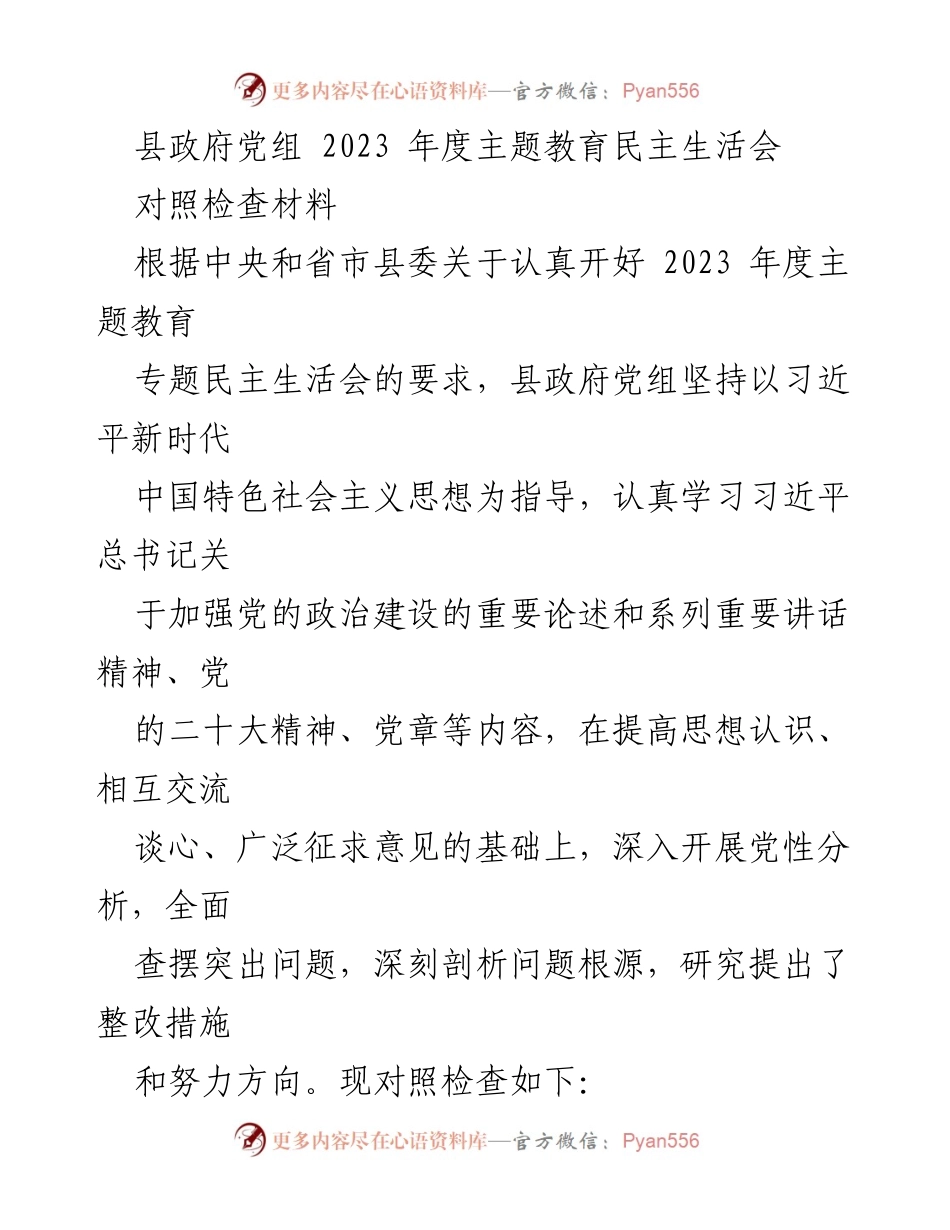 [发言] 县政府党组民主生活会 - 2023年度主题教育民主生活会对照检查材料.docx_第1页
