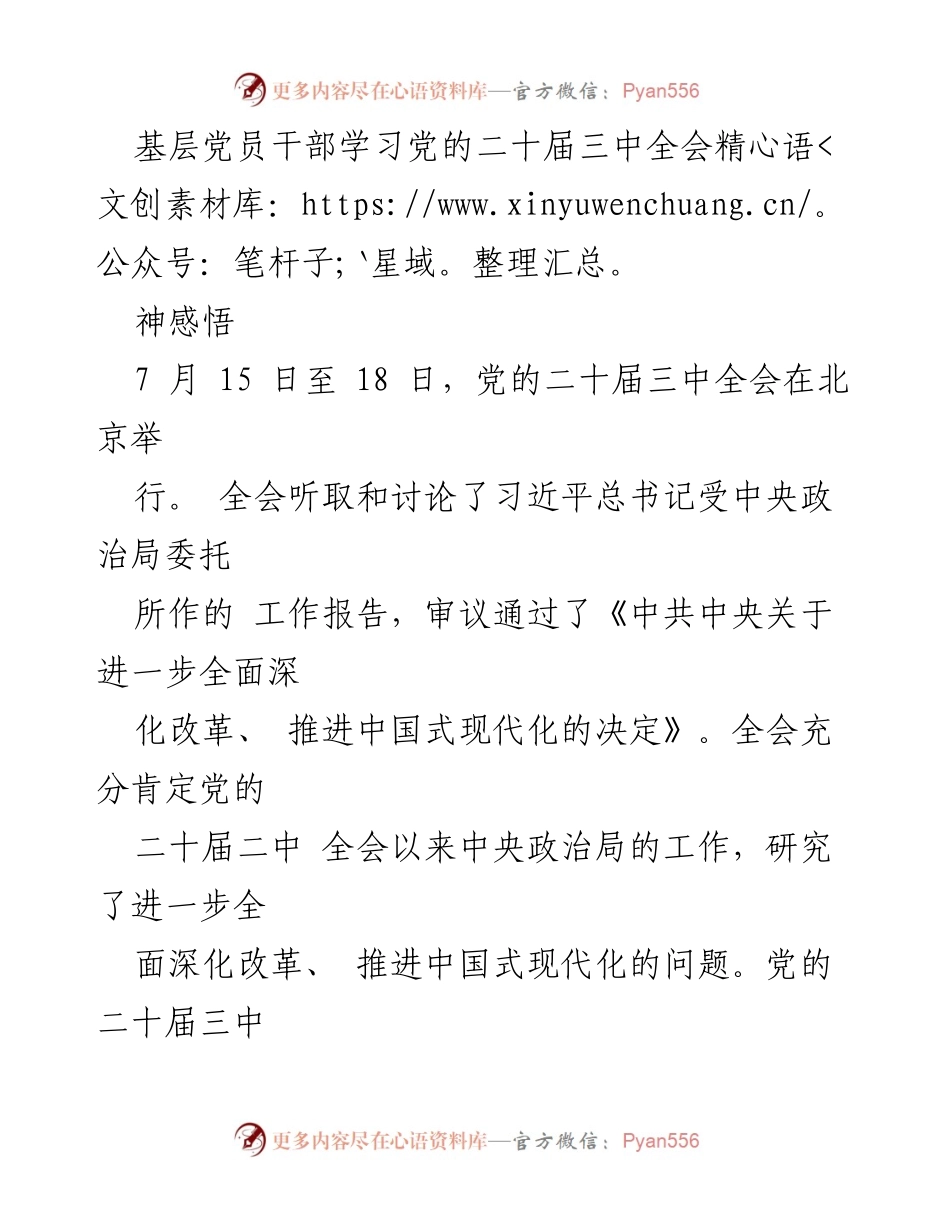 [发言] 基层党员干部学习会 - 深入学习党的二十届三中全会精神，推动乡村振兴新征程.docx_第1页