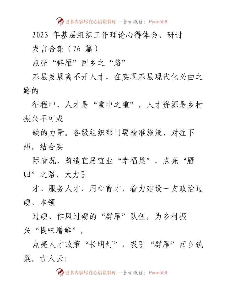 [发言] 基层组织工作研讨会 - 点亮“群雁”回乡之路：人才振兴与乡村发展.docx_第1页