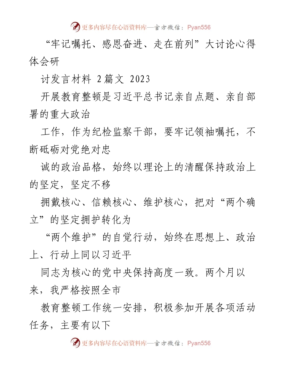 [发言] 大讨论心得体会 - “牢记嘱托、感恩奋进、走在前列”教育整顿心得体会.docx_第1页