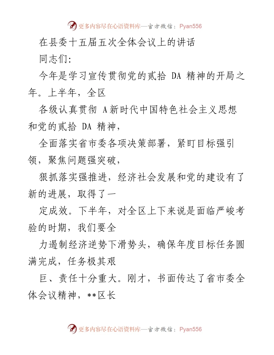 [发言] 县委全体会议 - 深入贯彻省市委全会精神，确保经济社会发展目标完成.docx_第1页