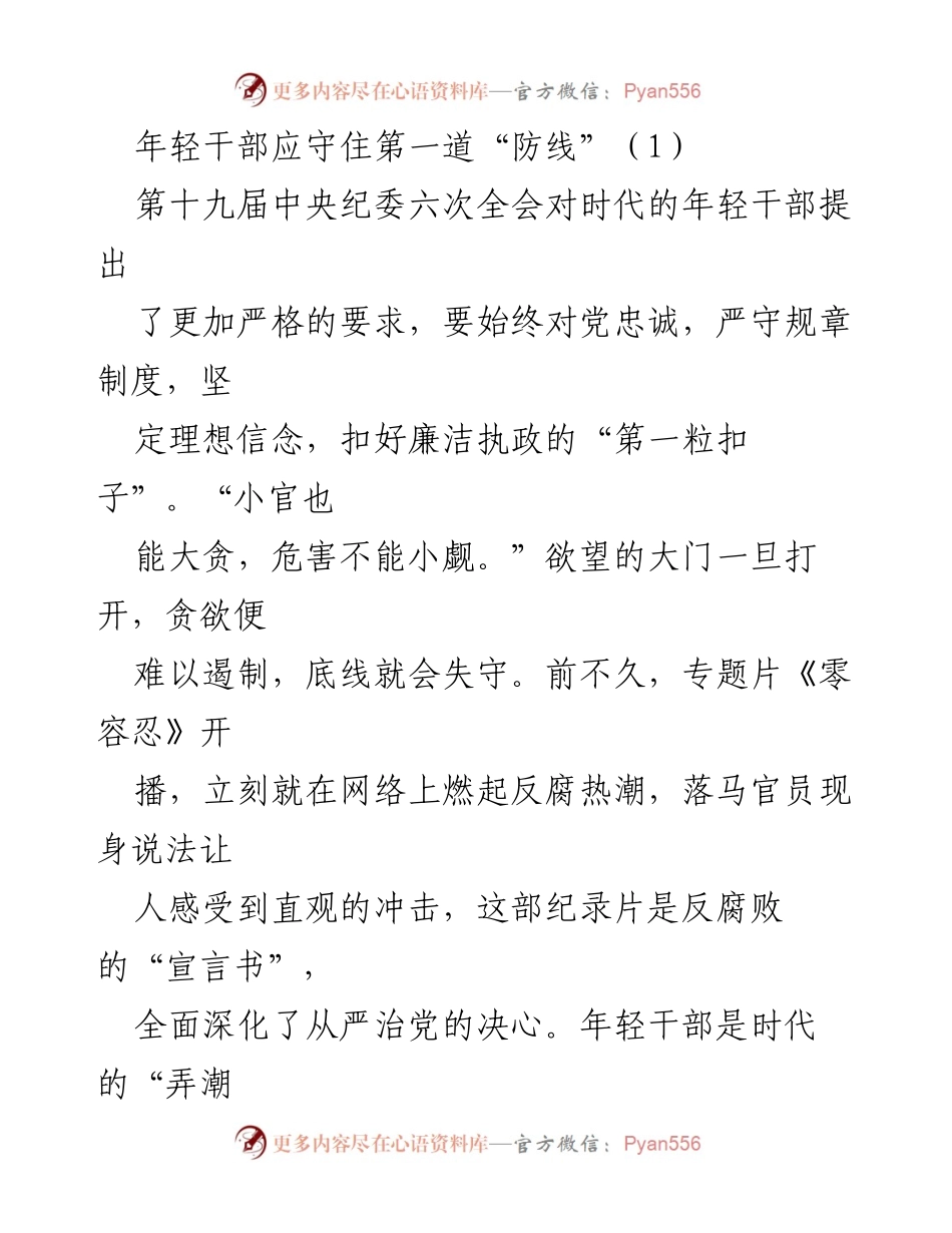 [发言] 反腐倡廉教育 - 年轻干部应守住廉洁执政的第一道防线.docx_第1页