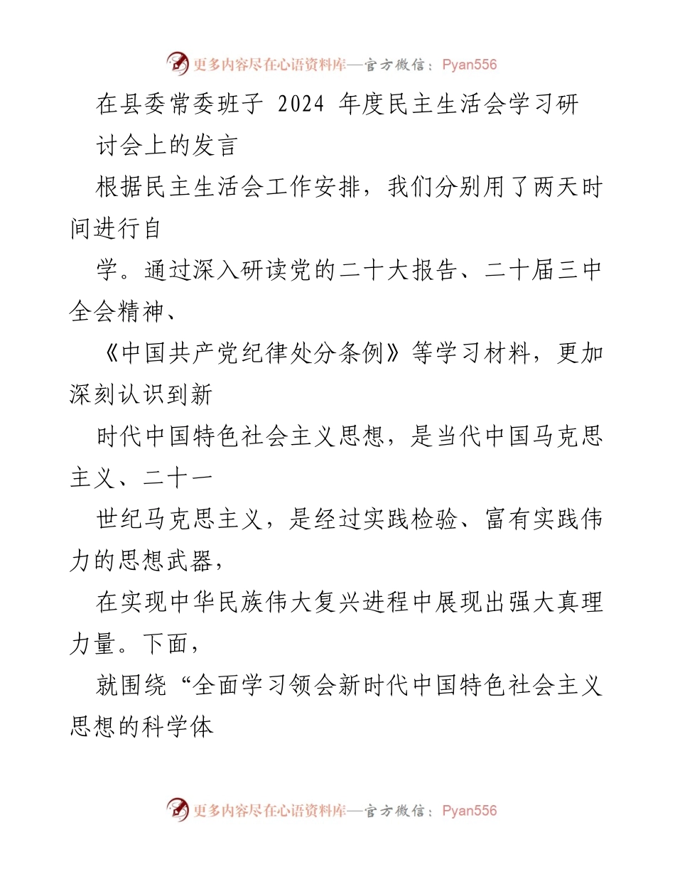 [发言] 县委常委班子 2024 年度民主生活会 - 深入学习新时代中国特色社会主义思想，推动高质量发展.docx_第1页