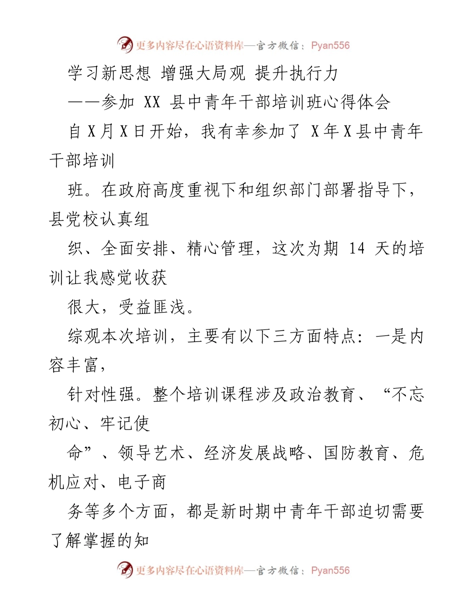 [发言] 培训心得分享 - 学习新思想，提升执行力：参加XX县中青年干部培训班的体会.docx_第1页