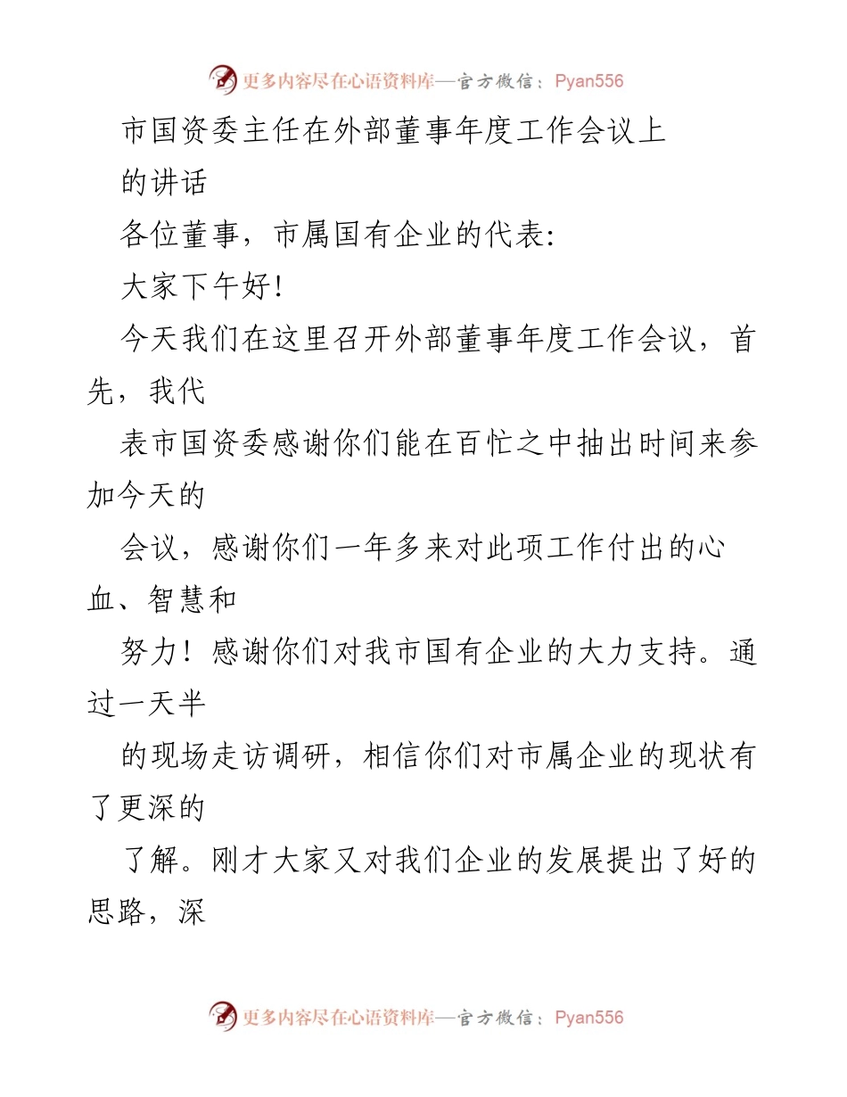 [发言] 外部董事年度工作会议 - 感谢与展望：市国资委主任在年度工作会议上的讲话.docx_第1页