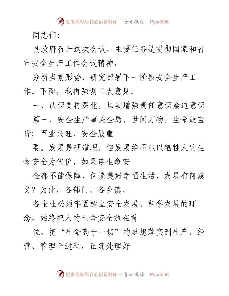 [发言] 县政府安全生产工作会议 - 加强安全生产责任意识，确保生命安全优先.docx_第1页