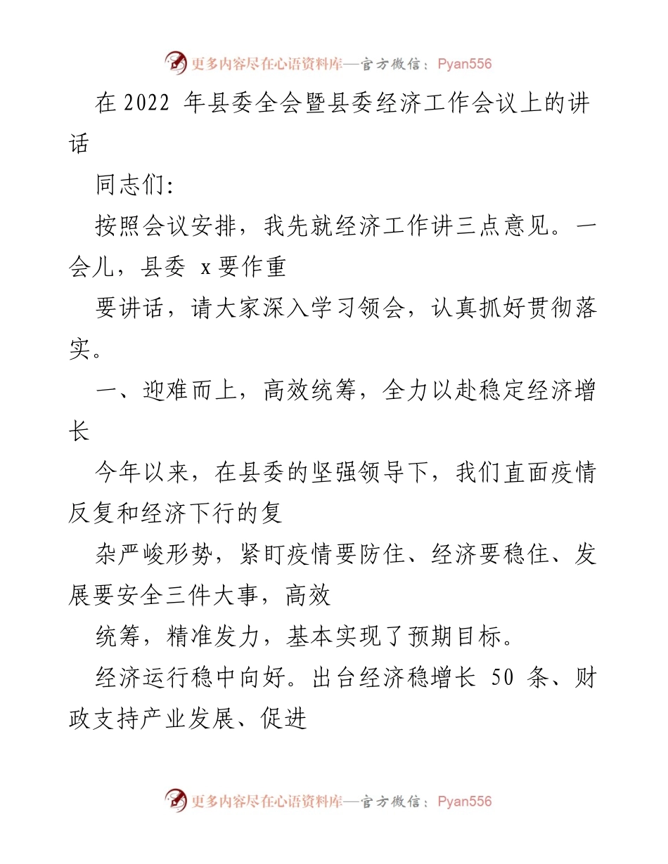 [发言] 县委全会暨县委经济工作会议 - 促进经济稳定增长的策略与成效.docx_第1页