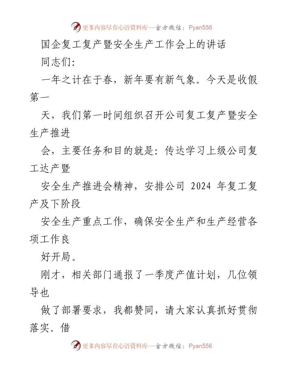 [发言] 国企复工复产暨安全生产工作会 - 确保安全生产与复工复产的有效推进.docx_第1页