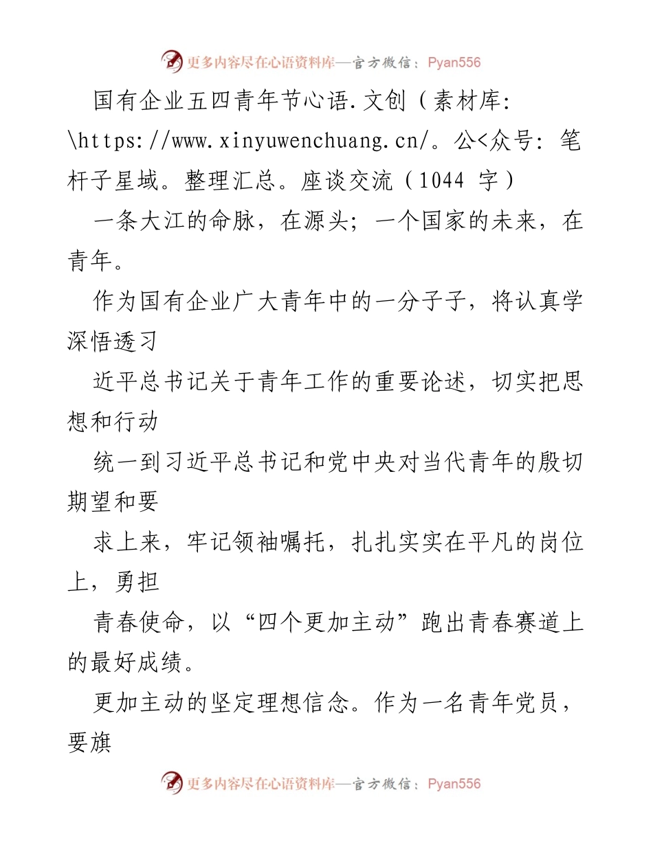 [发言] 国有企业五四青年节座谈交流 - 青年使命：勇担责任，融入企业发展.docx_第1页