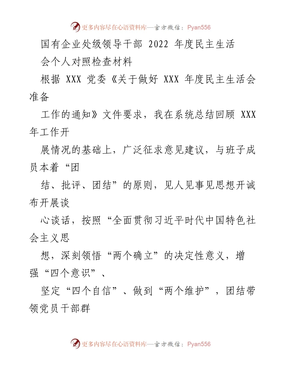 [发言] 国有企业年度民主生活会 - 2022年度民主生活会个人对照检查材料.docx_第1页
