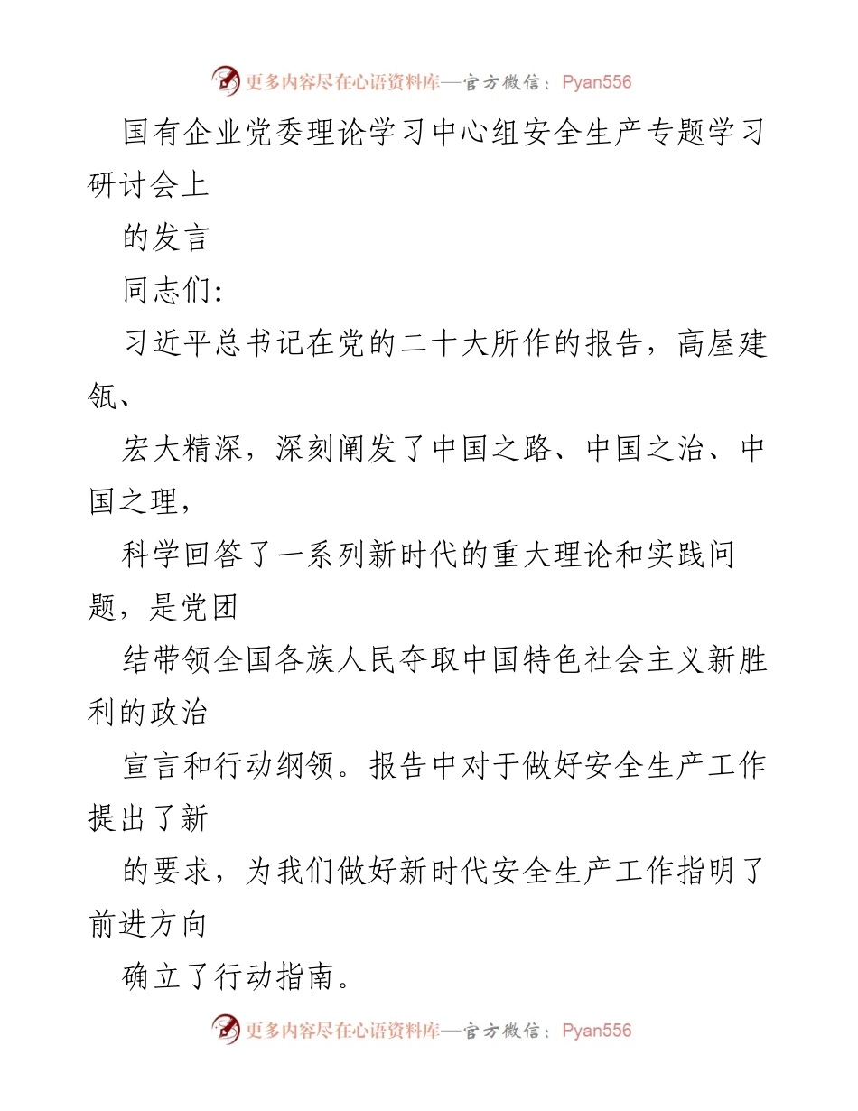 [发言] 国有企业党委理论学习中心组安全生产专题学习研讨会 - 强化安全生产意识，落实党的二十大精神.docx_第1页