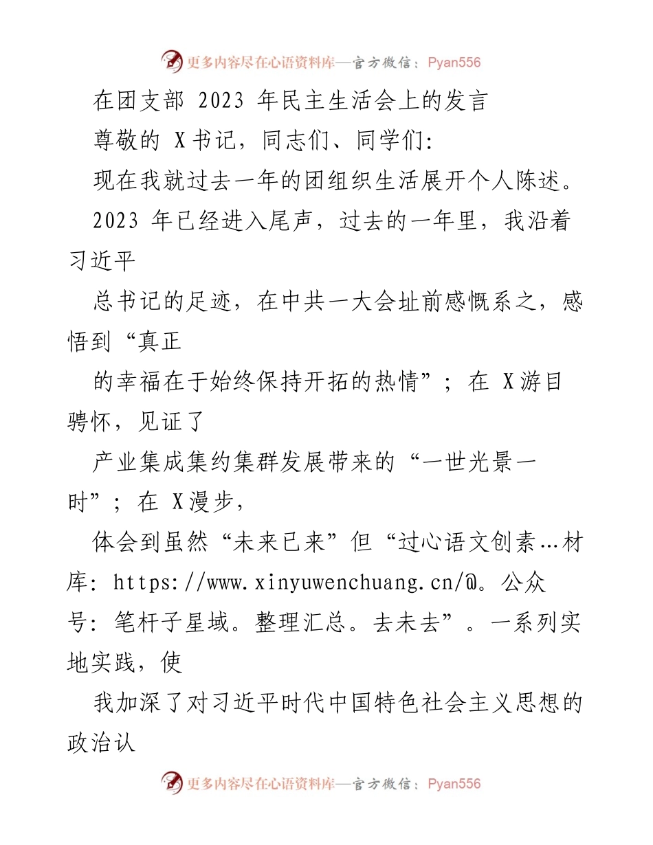 [发言] 团支部民主生活会 - 2023年团组织生活个人总结与反思.docx_第1页