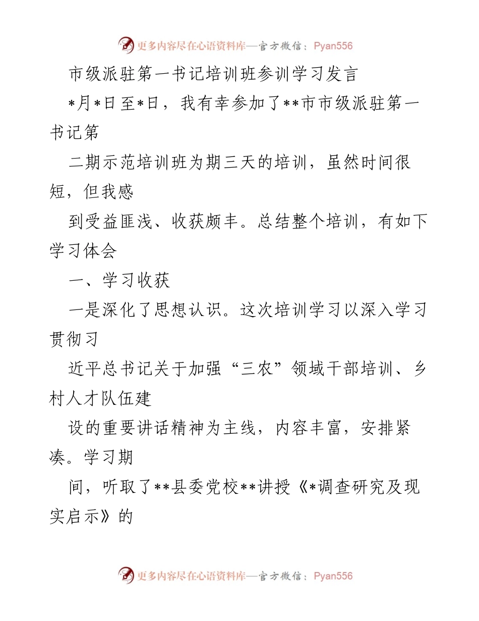 [发言] 培训班 - 市级派驻第一书记培训班学习体会总结_1.docx_第1页