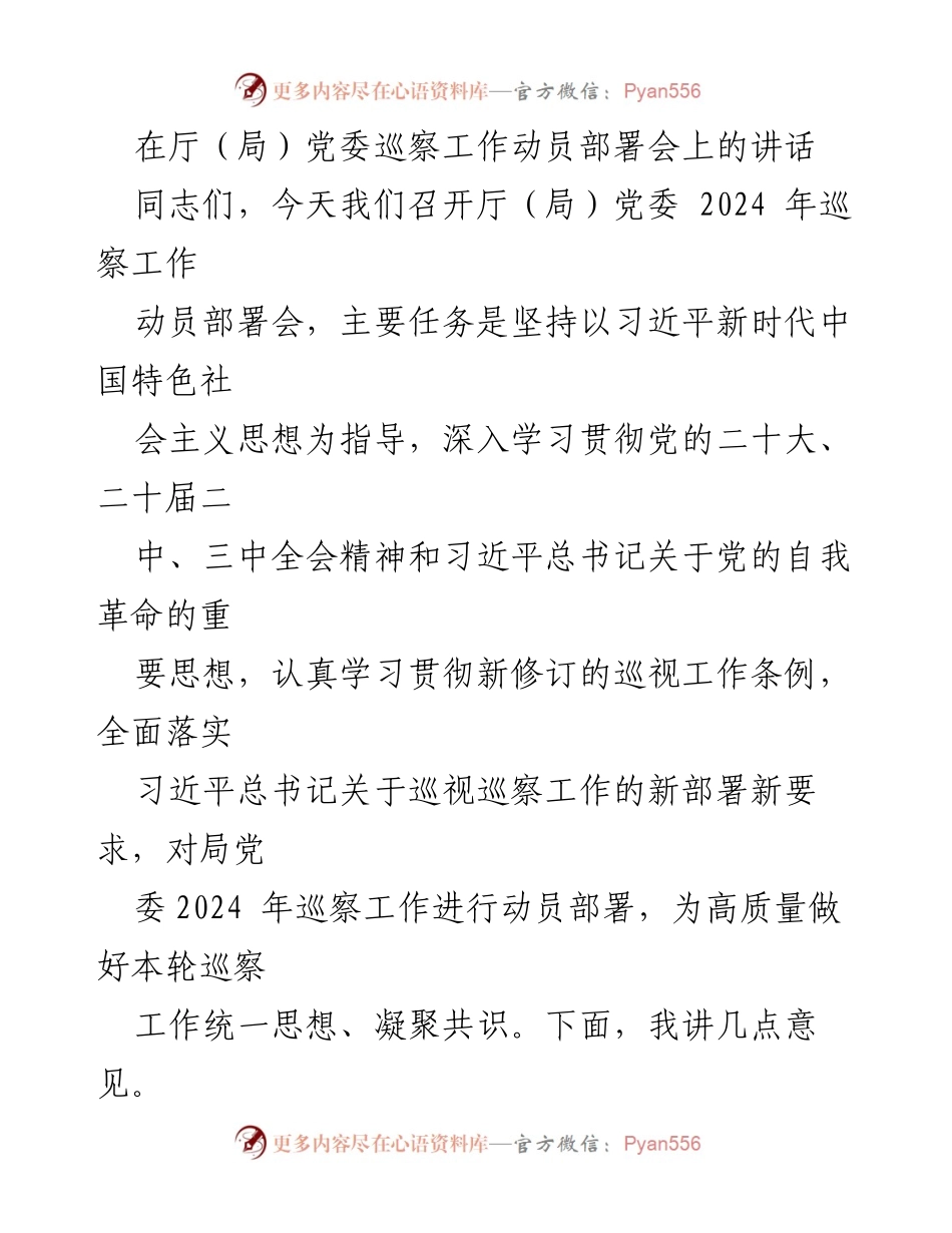 [发言] 厅（局）党委巡察工作动员部署会 - 2024年巡察工作动员部署讲话.docx_第1页