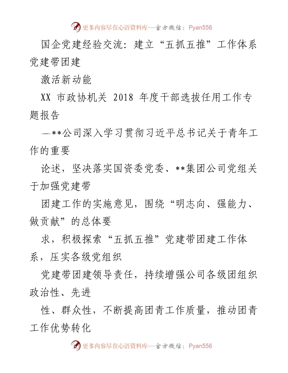 [发言] 国企党建经验交流会 - 建立“五抓五推”工作体系，推动党建带团建_1.docx_第1页