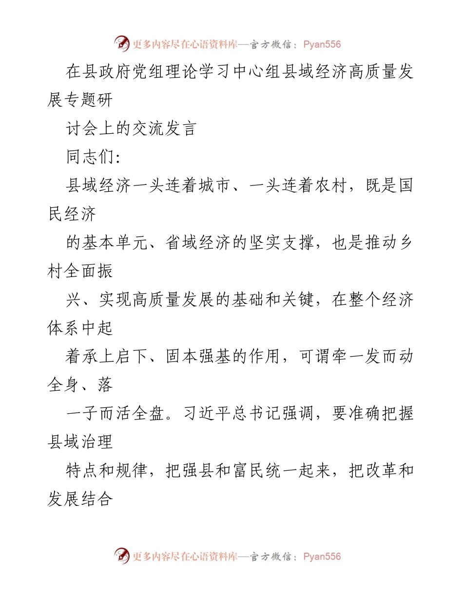 [发言] 县政府党组理论学习中心组研讨会 - 推动县域经济高质量发展的路径与策略.docx_第1页
