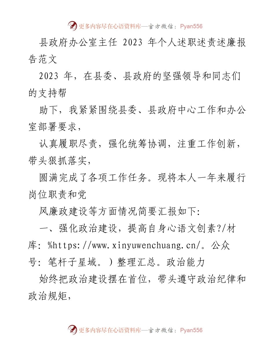 [发言] 县政府办公室工作总结 - 2023年县政府办公室主任个人述职述责述廉报告.docx_第1页