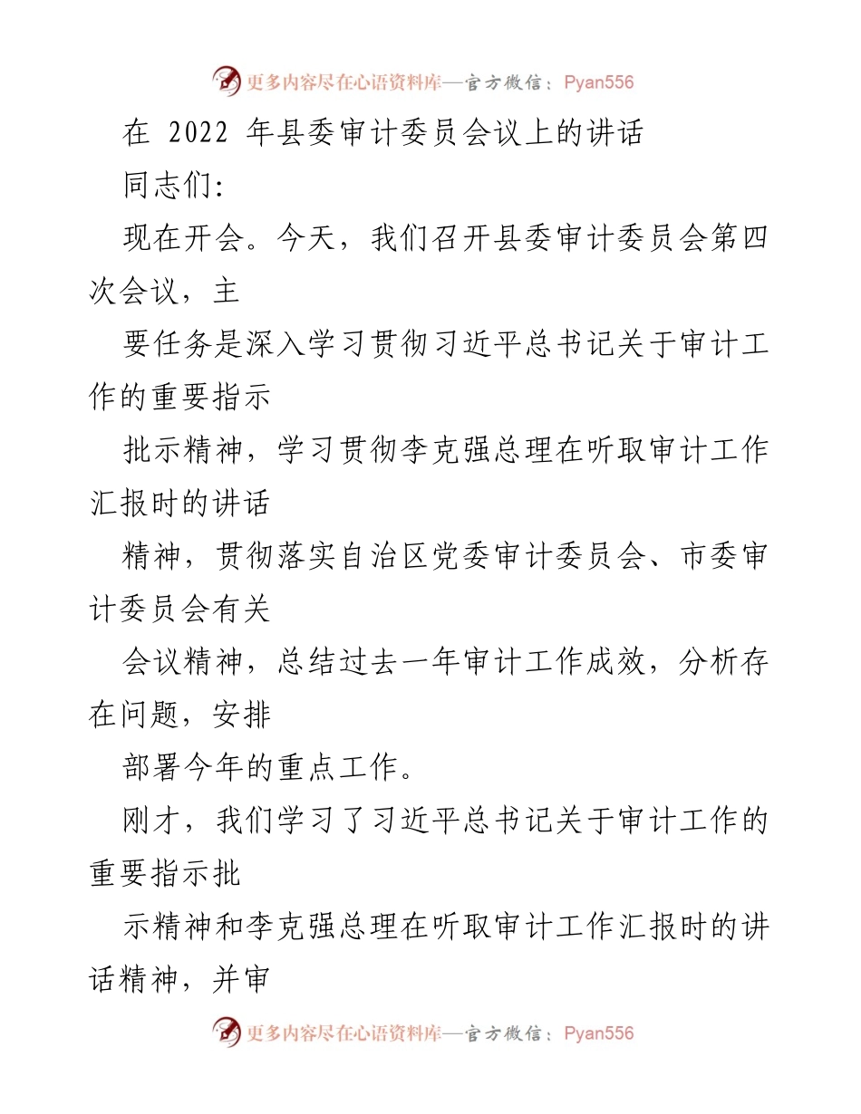 [发言] 县委审计委员会会议 - 加强审计工作，推动经济高质量发展.docx_第1页