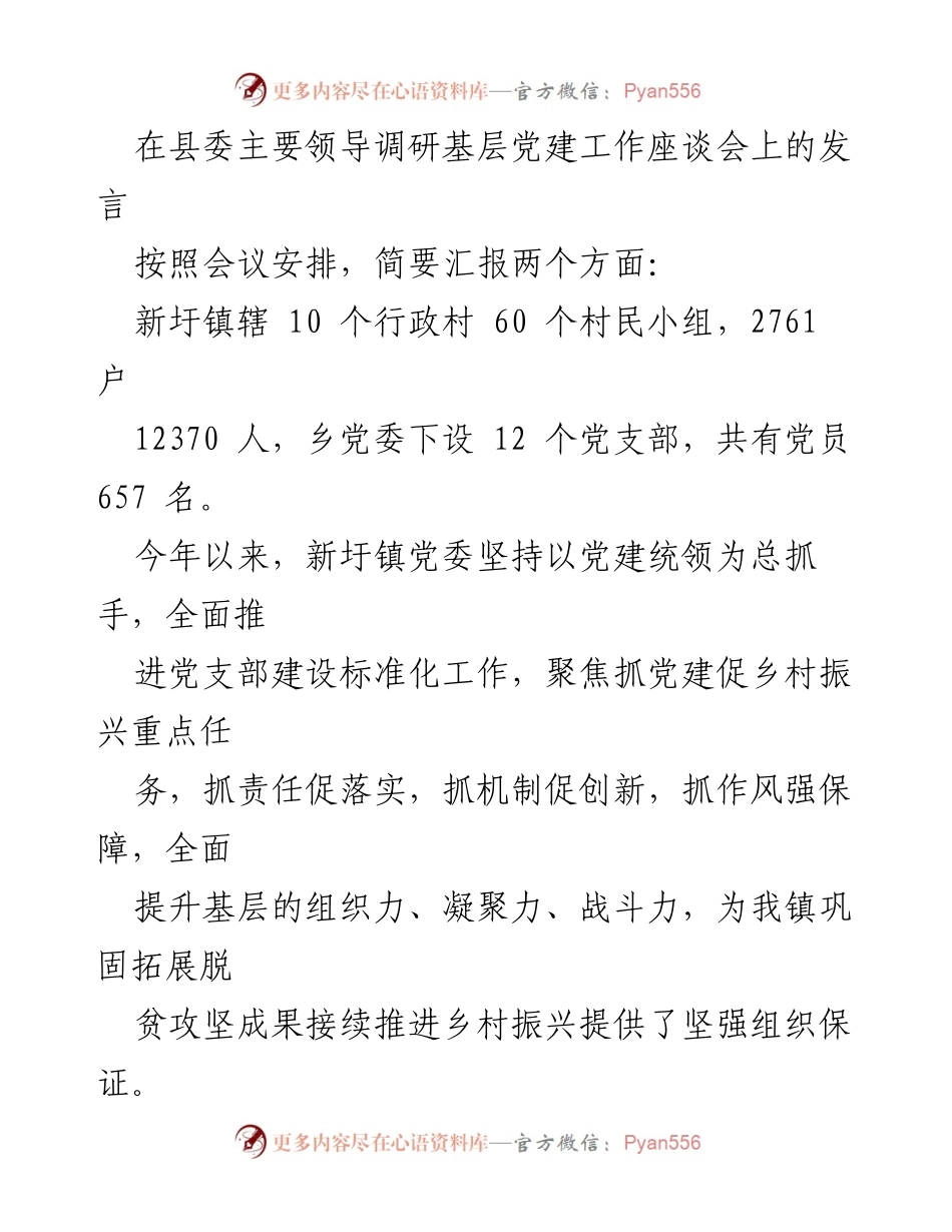 [发言] 县委调研座谈会 - 加强基层党建，推动乡村振兴的实践与成效.docx_第1页