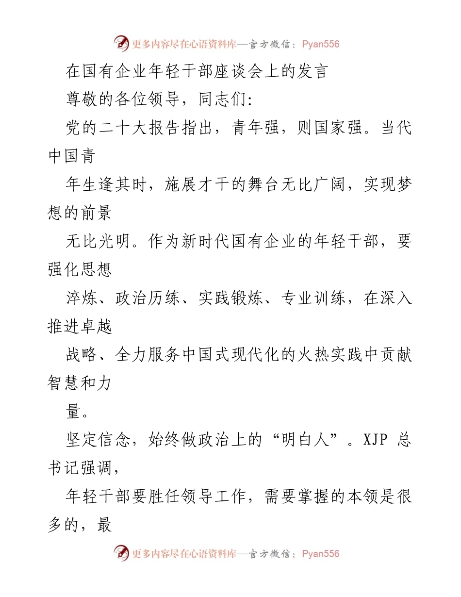 [发言] 国有企业年轻干部座谈会 - 新时代年轻干部的使命与责任.docx_第1页