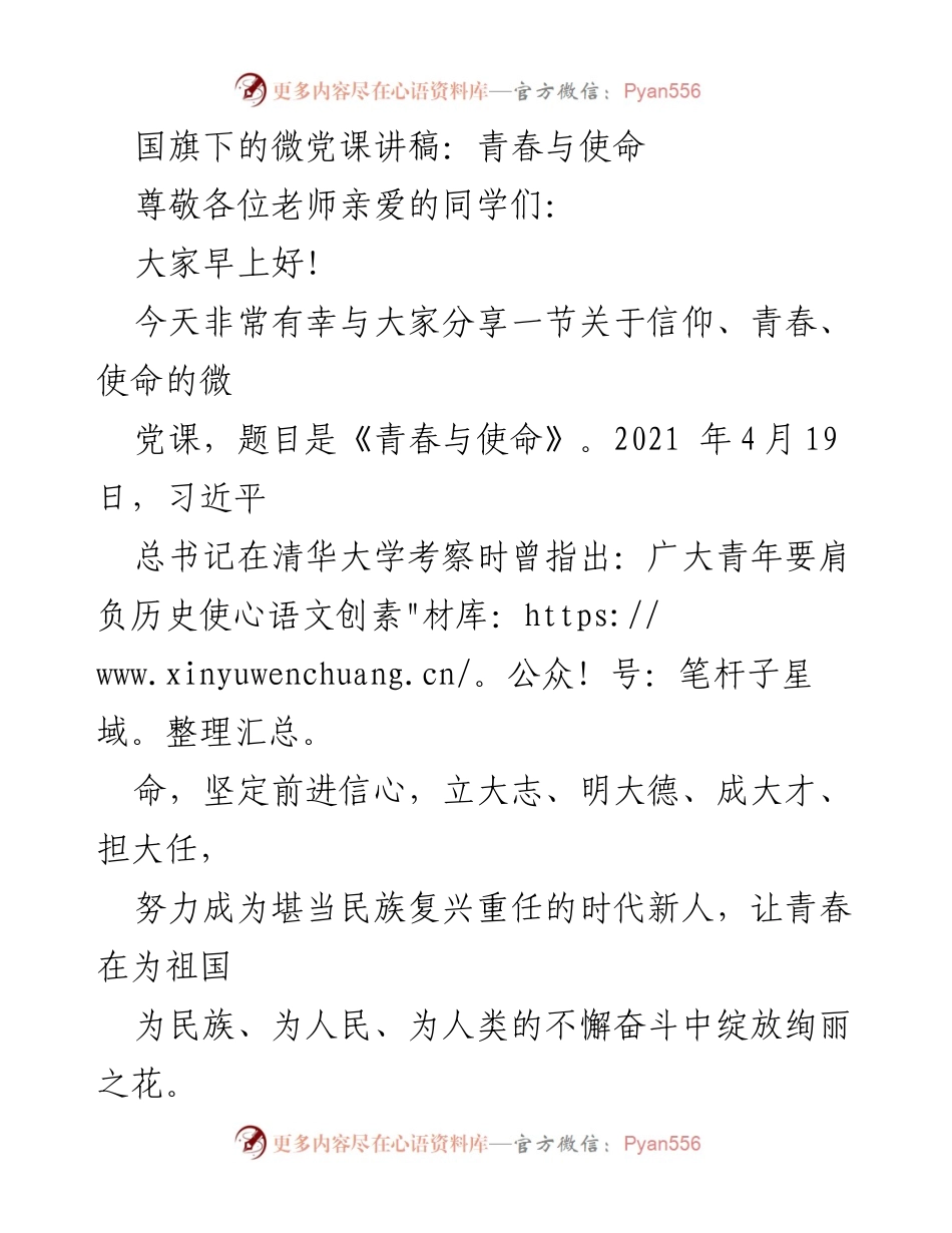 [发言] 国旗下的微党课 - 青春与使命：新时代青年的责任与信仰.docx_第1页