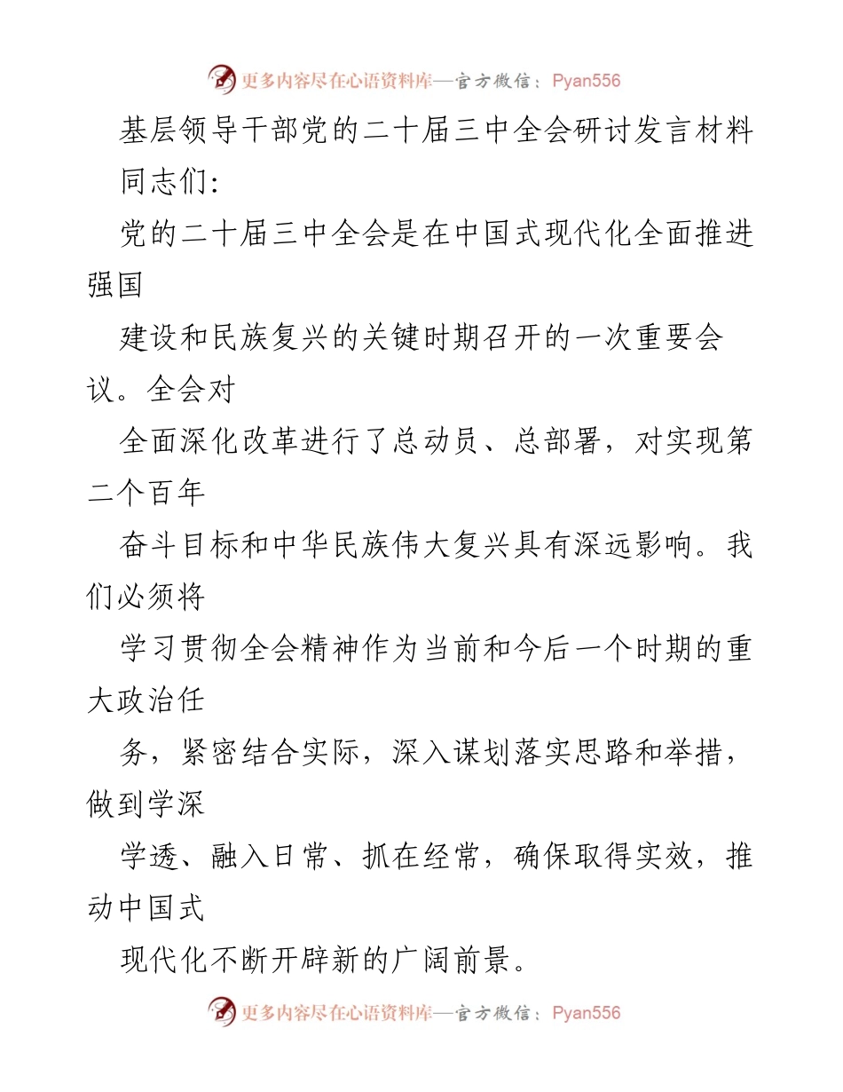 [发言] 基层领导干部党的二十届三中全会研讨 - 深入学习贯彻党的二十届三中全会精神，推动中国式现代化发展.docx_第1页