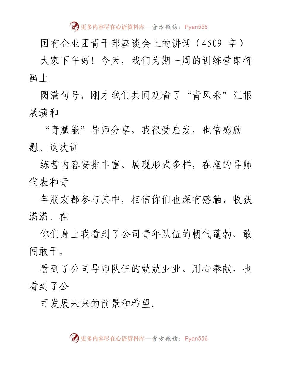 [发言] 国有企业团青干部座谈会 - 青年担当使命，共创企业未来.docx_第1页
