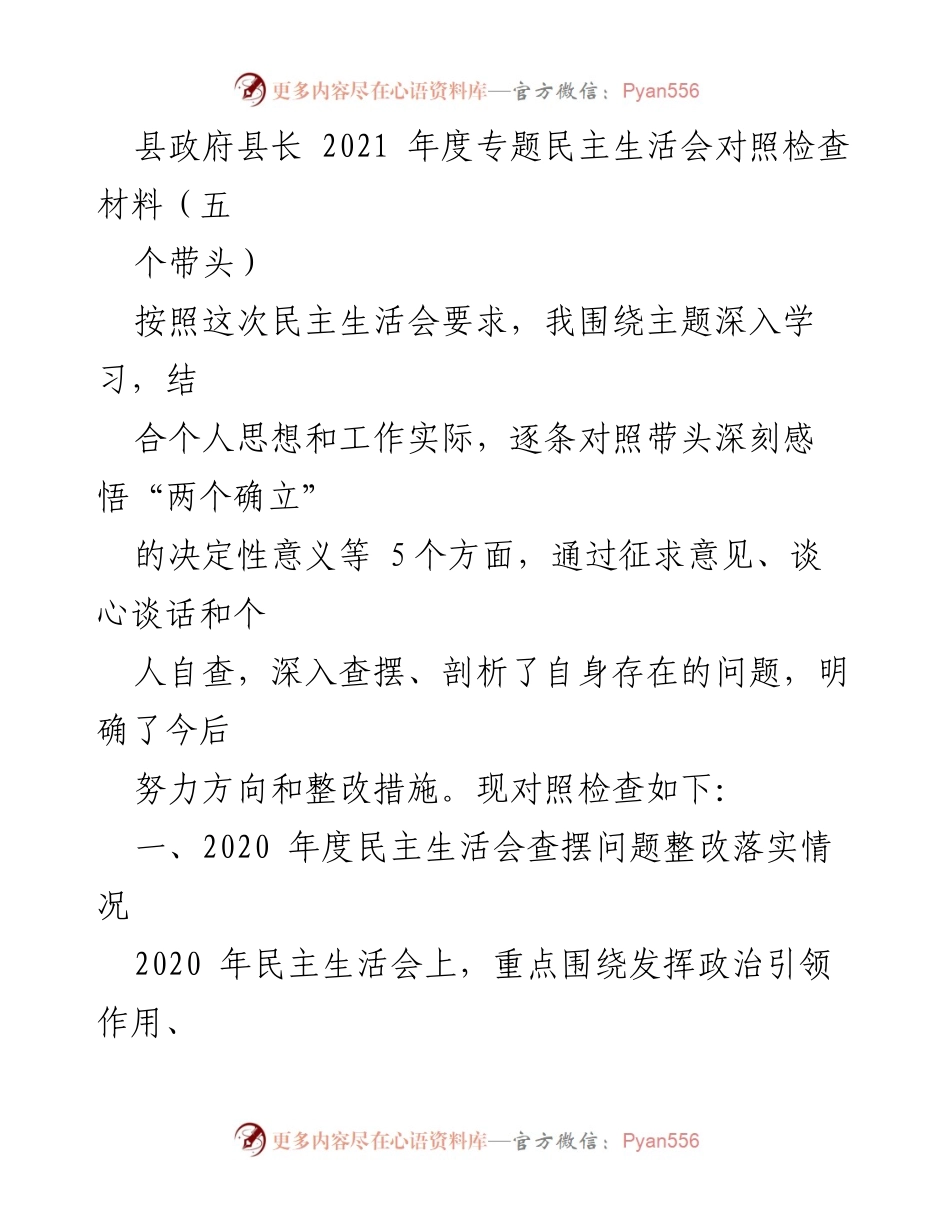 [发言] 县政府年度专题民主生活会 - 2021年度民主生活会对照检查材料分析与整改措施.docx_第1页
