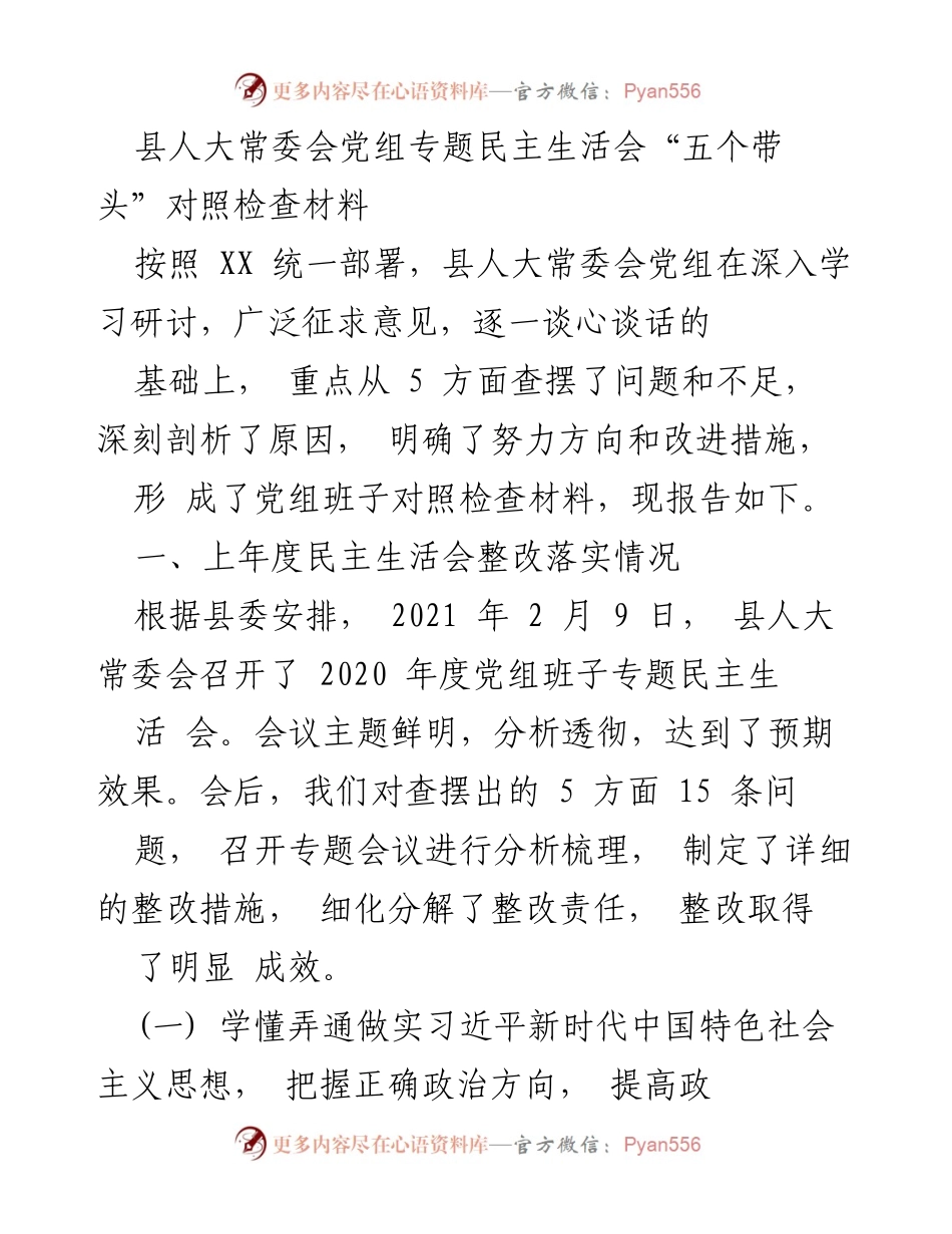[发言] 县人大常委会党组专题民主生活会 - _深化理论学习，强化政治责任：县人大常委会党组对照检查材料_.docx_第1页
