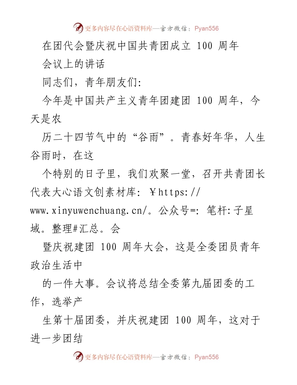 [发言] 团代会暨庆祝中国共青团成立100周年 - 在历史中汲取力量，展望青春未来.docx_第1页