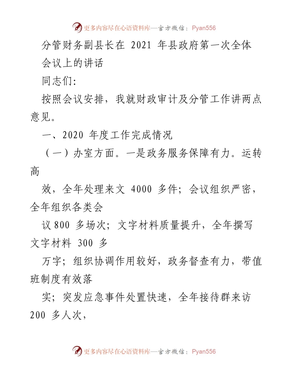 [发言] 县政府全体会议 - 财政审计及分管工作总结与展望.docx_第1页