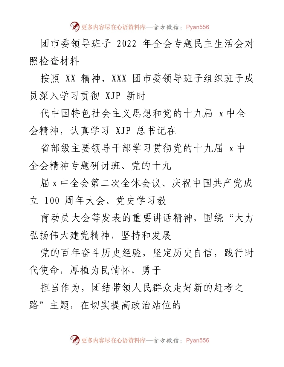 [发言] 团市委全会 - 团市委领导班子2022年全会专题民主生活会对照检查总结.docx_第1页