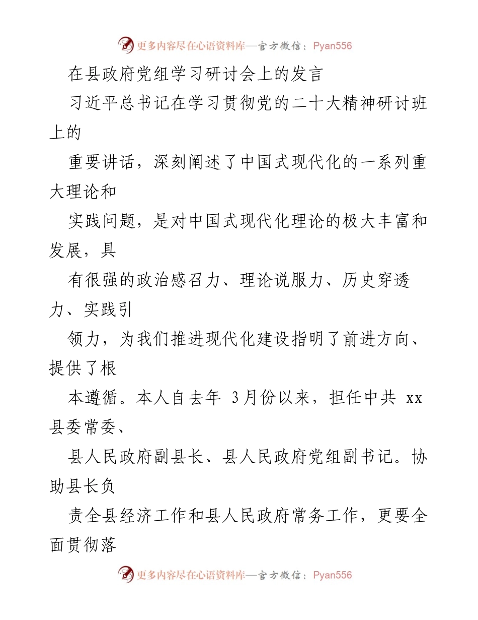 [发言] 县政府党组学习研讨会 - 深入学习贯彻党的二十大精神，推动高质量发展_1.docx_第1页