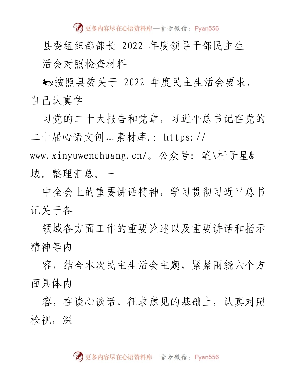 [发言] 县委民主生活会 - 2022年度领导干部民主生活会对照检查材料.docx_第1页